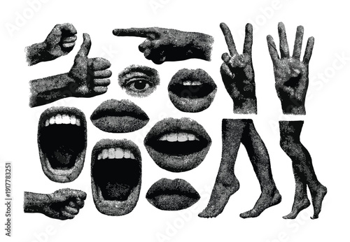 Vintage halftone collage collection of hands mouths and legs in monochrome aesthetic