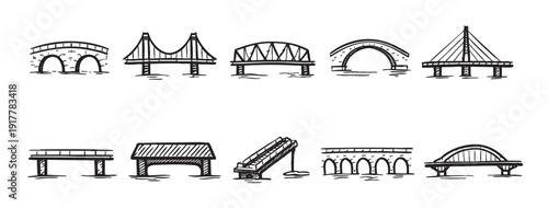 A collection of ten hand-drawn bridge illustrations with unique architectural styles, depicted in black ink on a clean white background. Suitable for educational or creative projects.