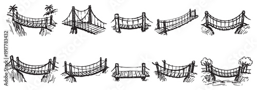 A set of hand-drawn suspension bridges in various styles, perfect for illustrations, backgrounds, or designs needing a whimsical touch. Ideal for adventure, travel, or playful themes.