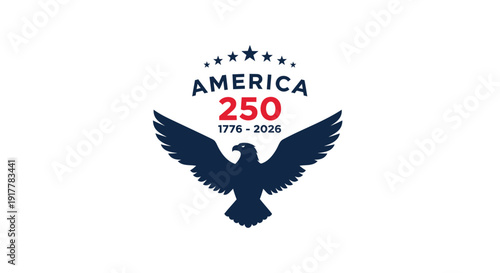America 250th anniversary logo with eagle and stars, patriotic symbol.
