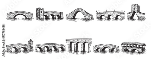 Black and white illustration of various stone bridges reflected in water. Useful for historical, architectural, or fantasy themed projects. Hand-drawn aesthetic.