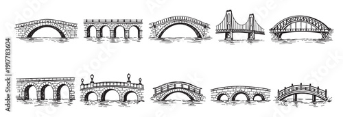 Set of diverse bridges in simple line drawing style. Ideal for travel themes, education, architectural projects, historical illustrations, or vintage design elements.