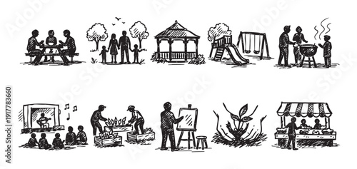 Hand-drawn illustration of community activities including picnic, family, park, market, gardening, barbeque, painting and music. Use for infographic, brochures, web.