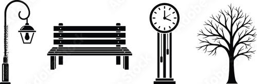 Park furniture silhouette set with street lamp, wooden bench, vintage clock and bare tree vector illustration collection