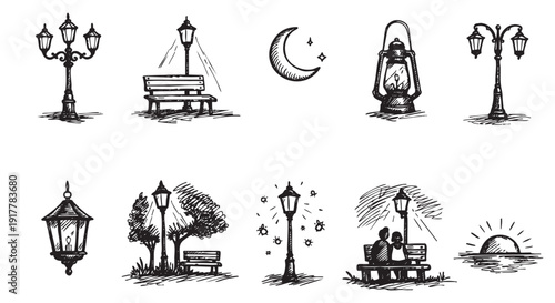 Hand-drawn illustration of various nighttime scenes, including park benches, street lamps, crescent moon, and a couple. Perfect for storybooks, posters, and vector design assets.