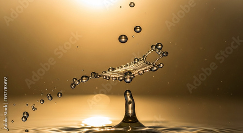 High speed macro photography of a water drop collision with golden splash sculpture on amber background