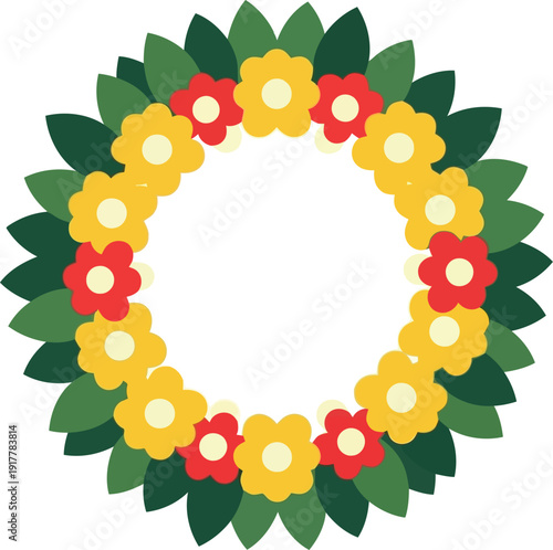 Colorful Floral Wreath Vector Illustration with Yellow and Red Flowers, Green Leaves, and Blank Center