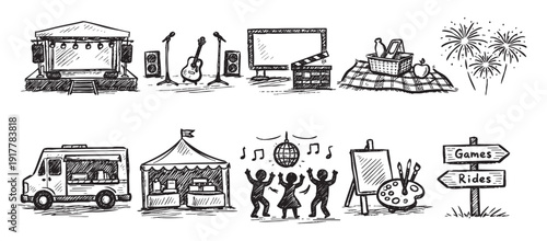 Hand-drawn vector illustration featuring common leisure and entertainment elements. Great for illustrating articles or social media posts about events and activities.