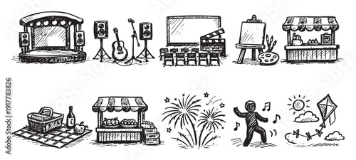 Hand-drawn vector illustration featuring common leisure and entertainment elements. Great for illustrating articles or social media posts about events and activities.