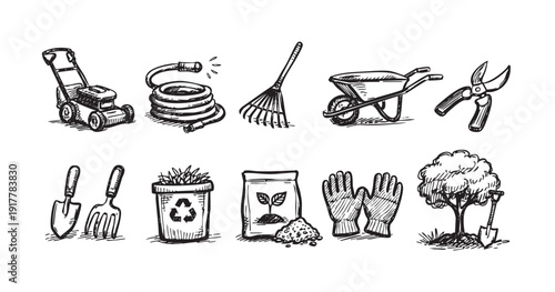 Hand-drawn sketches of gardening tools and supplies. Includes lawnmower, hose, rake, and more. Ideal for illustrating articles on gardening, lawn care, or spring projects.