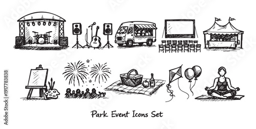 Hand-drawn illustration of park events, including a concert stage, picnic, outdoor movie, food truck, yoga, and fireworks. Use for marketing, event promotion, and community outreach.