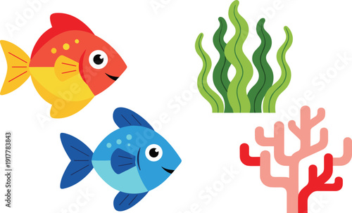 Cute marine life and underwater world set, happy smiling cartoon fish with colorful coral reef and green seaweeds vector illustration isolated on white background.