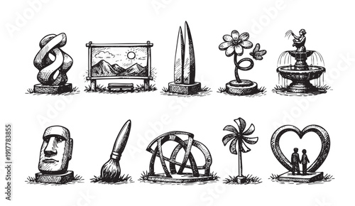 A collection of hand-drawn style park and garden art and decorations on a white background. Vector Illustration can be used for many purpose.