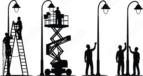 Street lamp repair silhouettes, maintenance workers on ladder and scissor lift fixing urban lighting infrastructure vector illustration