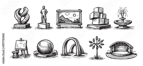 A collection of hand-drawn architectural and artistic elements, suitable for backgrounds, illustrations, and concept art. Black and white sketches of sculptures, monuments, and landscapes.