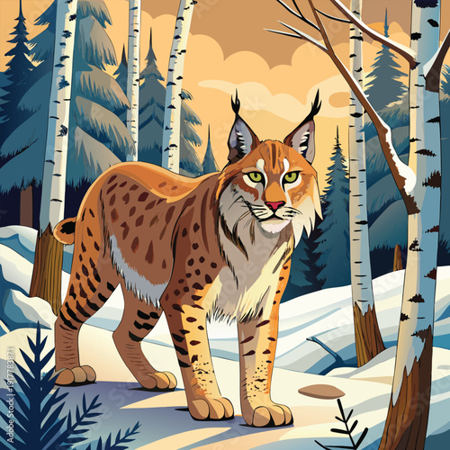 Lynx in Snow Vector Art – Boreal Forest Predator