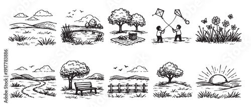Set of ten hand-drawn black and white illustrations depicting outdoor scenes and activities. Perfect for use in publications, websites, or designs needing a rustic, natural, or hand-crafted feel.