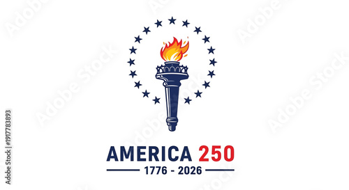 America 250th anniversary logo vector, patriotic torch icon with stars, commemorative symbol for USA 1776-2026 celebrations.