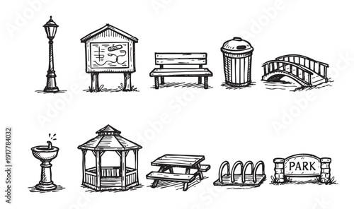 A clean, hand-drawn sketch of park elements, including a bench, gazebo, and sign. Ideal for designs needing a natural, hand-crafted or vector look.