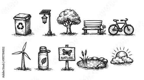 A set of sketched eco-friendly icons symbolizing sustainable living, environmental awareness, and ecology. Useful for illustrations and infographics related to nature, recycling, and renewable energy.