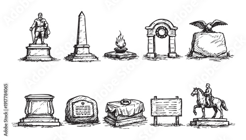 Collection of monument sketches including statues, obelisk, eternal flame, archway, eagle, and more. Hand-drawn vector illustration isolated on white. Ideal for historical or patriotic projects.