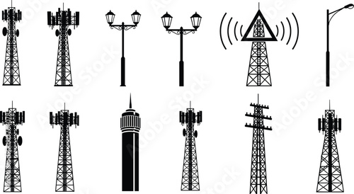 Telecommunication tower silhouette set, cellular network antenna mast collection, wireless signal transmission icons isolated black vector illustration