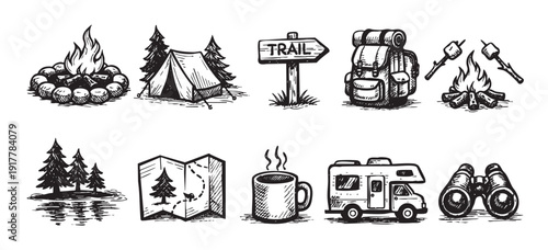 A set of hand-drawn vector illustrations featuring camping and outdoor themes. Includes bonfire, tent, trail sign, backpack, map, and RV. Great for adventure-themed designs.