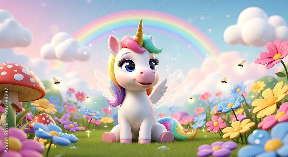 Fototapeta premium Pastel Unicorn Standing in Magical Rainbow Landscape