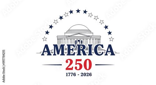 America 250th anniversary logo, patriotic symbol with building and stars.