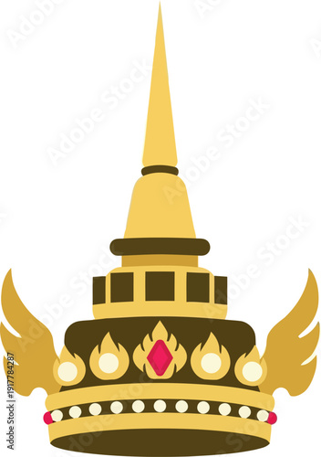 Traditional Thai Headdress Vector Illustration – Golden Royal Crown with Ornate Details and Winged Sides