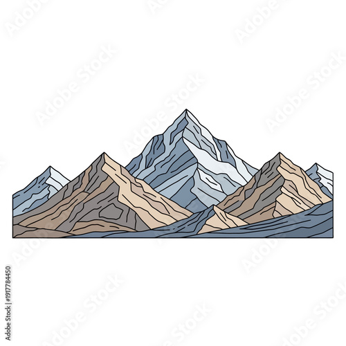 Rugged mountain range with sharp rocky peaks and a hint of snow, showcasing a grand alpine landscape on an isolated white background.