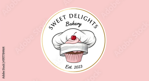 Sweet Delights Bakery logo with chef hat and cupcake illustration.