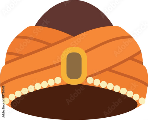 Vector Illustration of Traditional Orange Indian Turban with Gemstone and Pearl Detailing