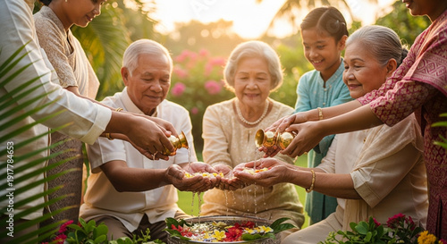 Thai Multi-Generational Family Celebrating Songkran Festival with Traditional Water Blessing Rituals in a Sunny Garden