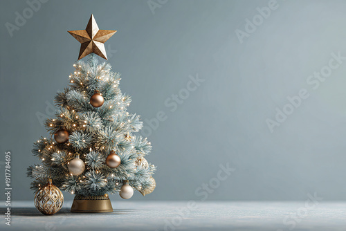 Christmas tree with gold star and ornaments on blue background, festive holiday decoration with warm lights creating cozy atmosphere
