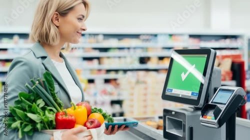 Young woman tapping smartphone at supermarket self checkout, moving phone to contactless reader and completing mobile payment with green confirmation check for grocery purchase for business concept
