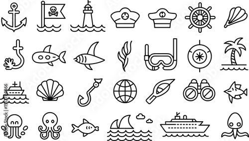 Anchor, pirate flag, lighthouse, sailor hat, ship, compass, fish, shark, jellyfish, squid, octopus, ocean icons