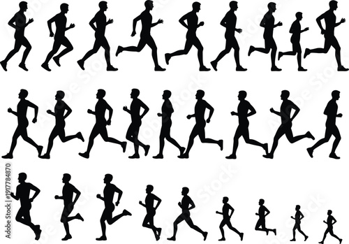 Running, silhouettes, set, male, joggers, marathon, training, athlete, jogging, sequence, fitness, exercise, sport, isolated, on, white, background, vector, collection, action, motion, healthy