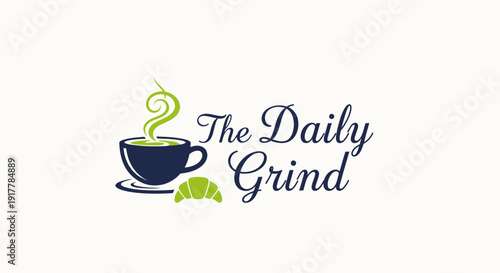The Daily Grind coffee shop logo with steaming cup and croissant.