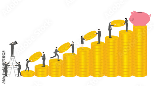 Successful business leader directing team to accumulate wealth and gold coins for systematic financial goal