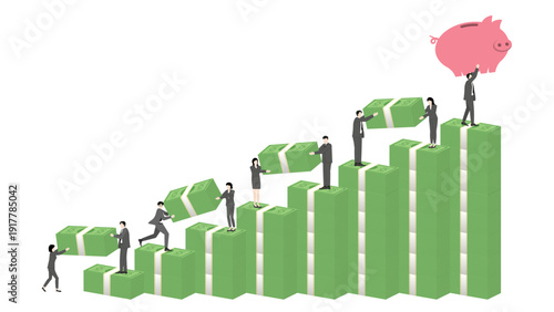 Business team success with financial growth chart stacking banknotes to reach piggy bank goal