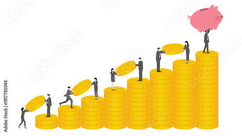 Corporate team building wealth with growing gold coin stacks chart towards financial saving goal
