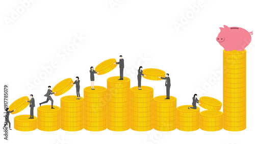 Collaborative investment strategy and wealth management with fluctuating gold coin chart towards saving goal