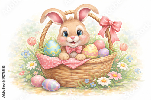 Adorable Easter Bunny In A Basket Of Eggs
