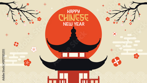 Stylized illustration wishes everyone a happy chinese new year featuring a traditional pagoda silhouette against a large orange sun and plum blossoms