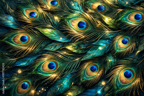 Vibrant peacock feathers display stunning blue and gold eyespots