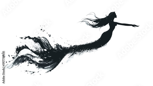 Silhouette of a graceful mermaid swimming through water