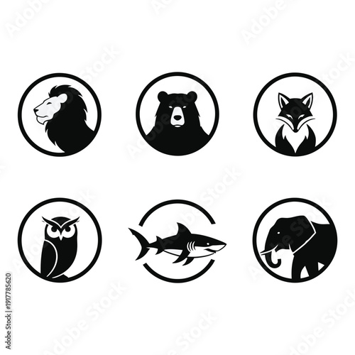 Set of 6 Minimalist Black and White Animal Icons in Circles: Lion, Bear, Fox, Owl, Shark, Elephant - Vector Graphics for Logos & Branding