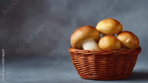 Freshly Harvested Brown Mushrooms in a Round Woven Basket Set Against a Soft Gray Background for Cooking or Culinary Use