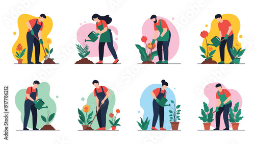Diverse group of people engages in gardening tasks like planting flowers, watering vegetables, and tilling soil in a flat design style.